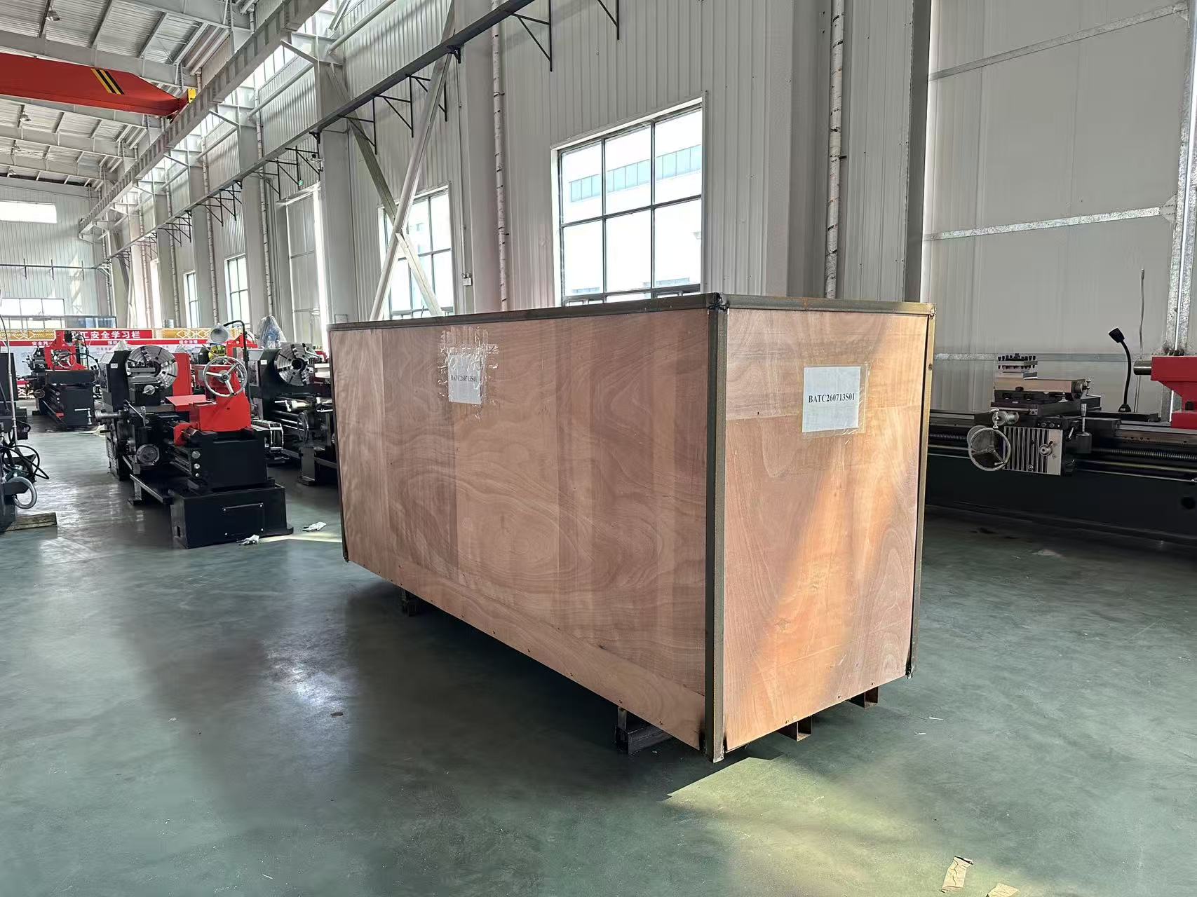 ALCA6140-1500 manual lathe packed in export case ready for shipment to Paraguay